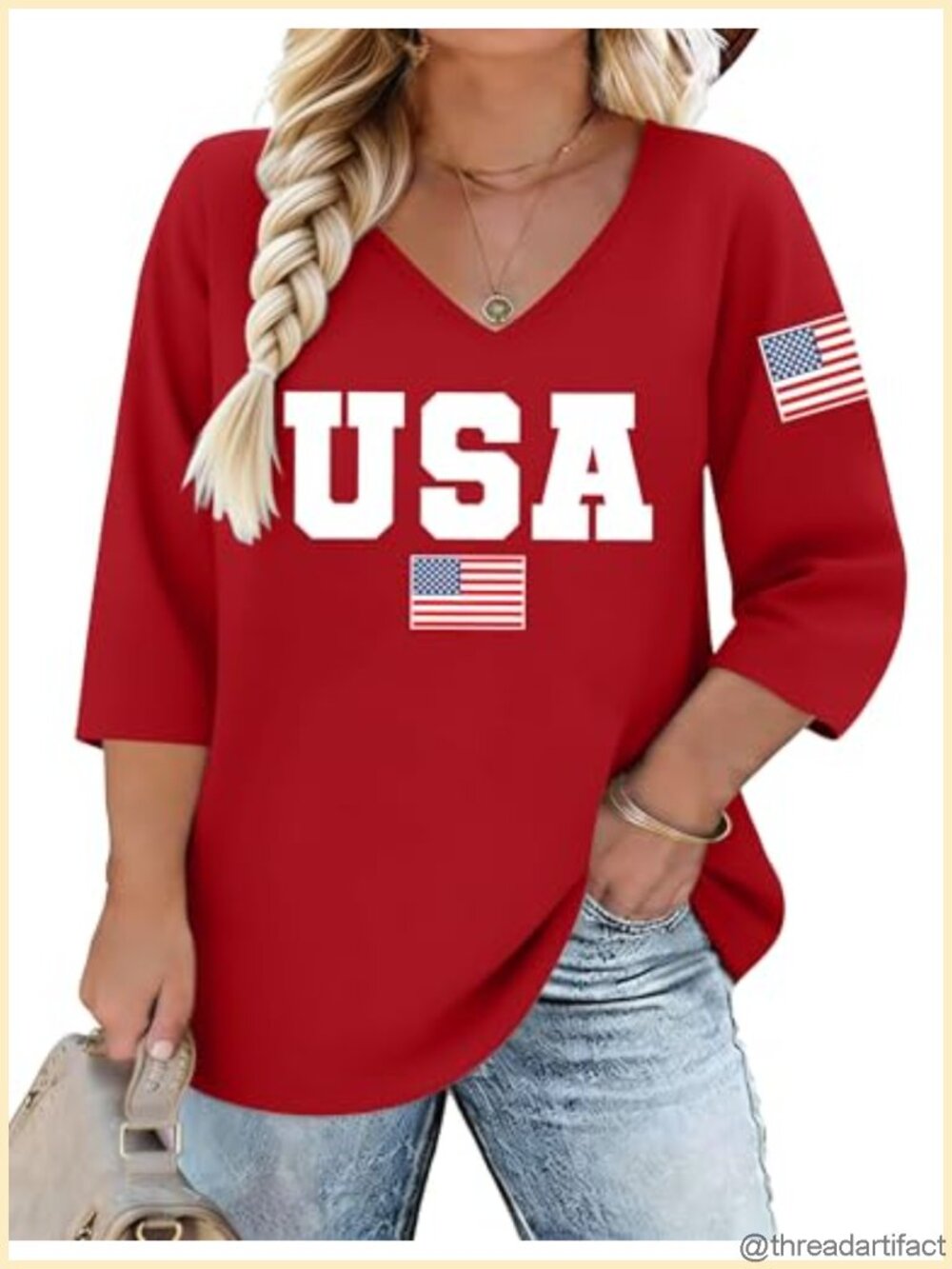 Plus Size 4th of July Shirt 3/4 Sleeve V Neck Patriotic 1776 USA Tee